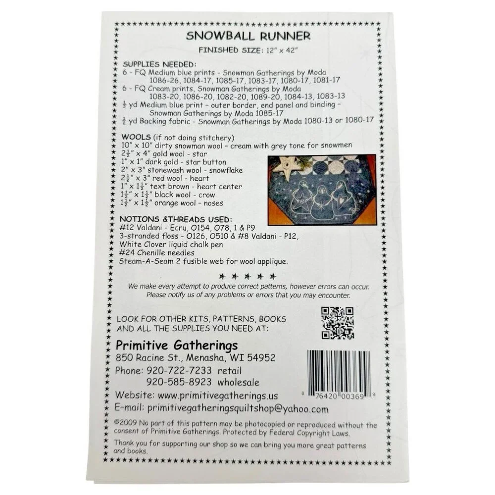 Primitive Gatherings Snowman Snowball Table Runner Quilt‎ Pattern Lisa Bongean